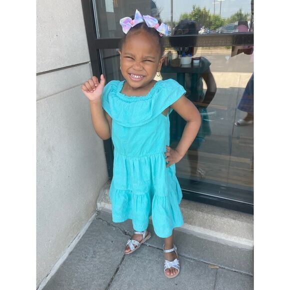 OshKosh Toddler Girl’s Blue Ruffle Off The Shoulder Embroidered Cotton Dress 5T - Picture 1 of 11